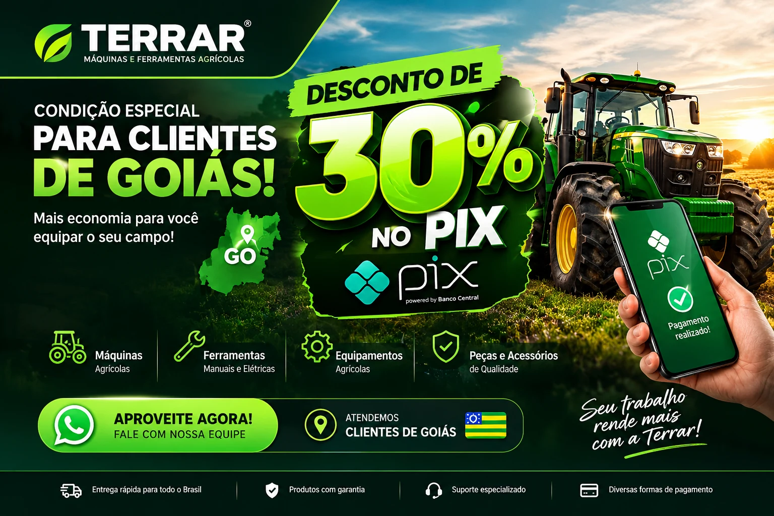 Promoção Terrar: 30% de desconto no Pix para clientes de Goiás, em destaque com máquina agrícola e chamada para atendimento pelo WhatsApp